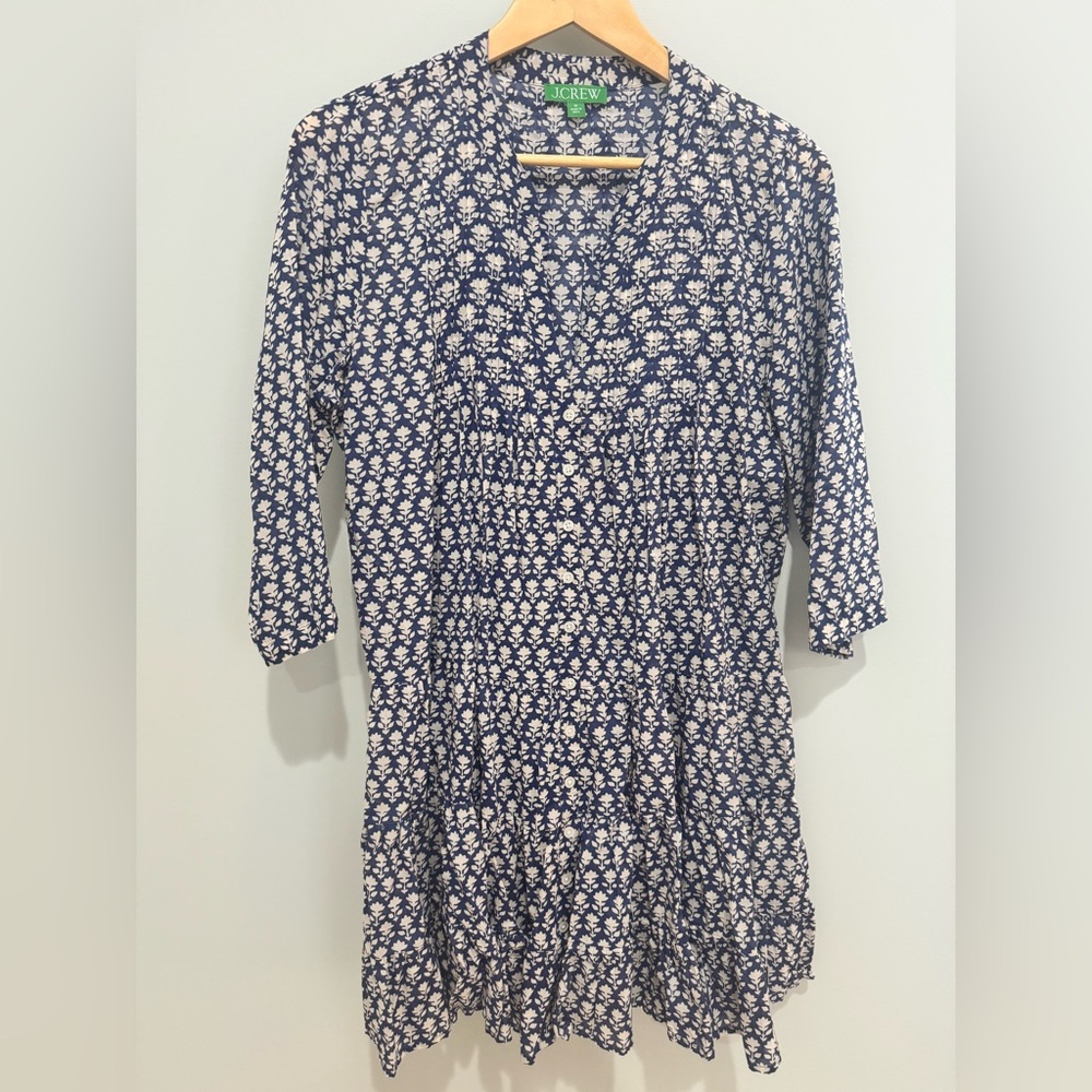 J. Crew Navy and Cream Leaf Pattern Tiered Beach Cover Up